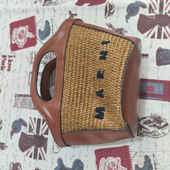 Marni Tropicalia Mini Tote Bag in Brown Leather & Woven Raffia - Picture 7 of 14